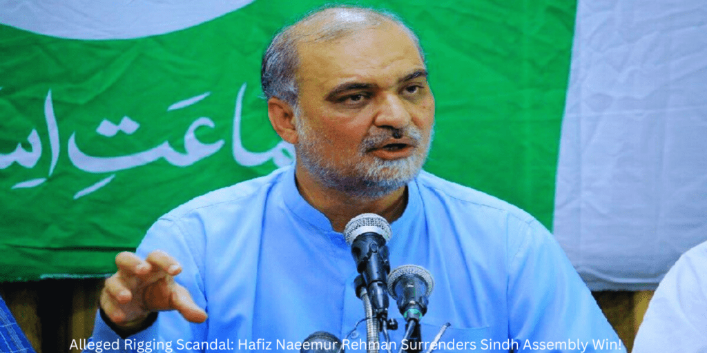  Hafiz Naeemur Rehman addressing a crowd, surrounded by supporters and media, with the caption: 'Alleged Rigging Scandal: Hafiz Naeemur Rehman Surrenders Sindh Assembly Win!