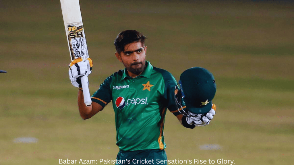 Babar Azam, Pakistan's cricket sensation, standing tall with a bat in hand, representing his rise to glory in the world of cricket.