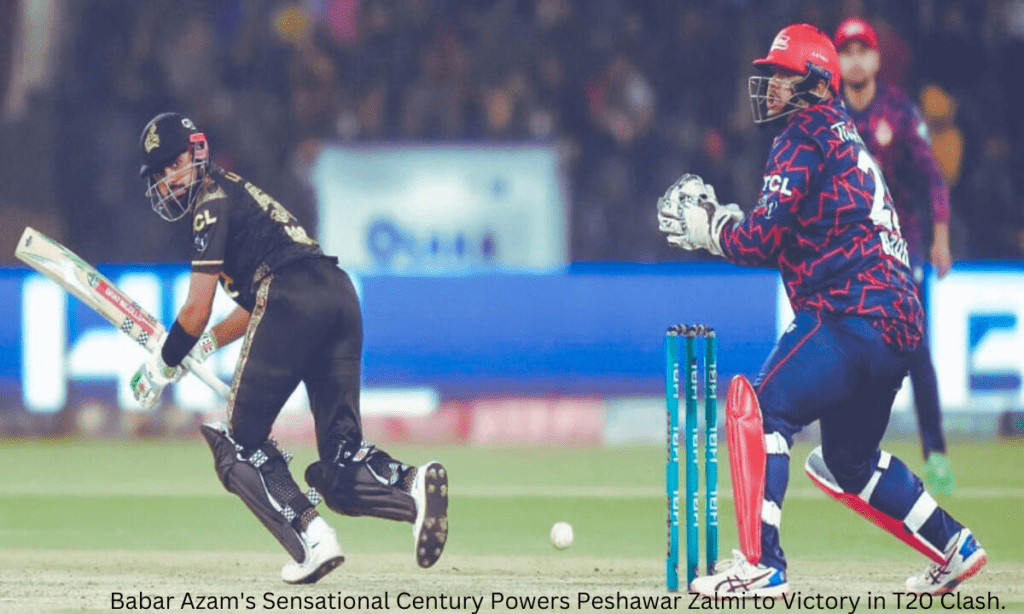 Babar Azam exudes cricketing brilliance, celebrating his sensational century that propels Peshawar Zalmi to victory in an intense T20 clash.