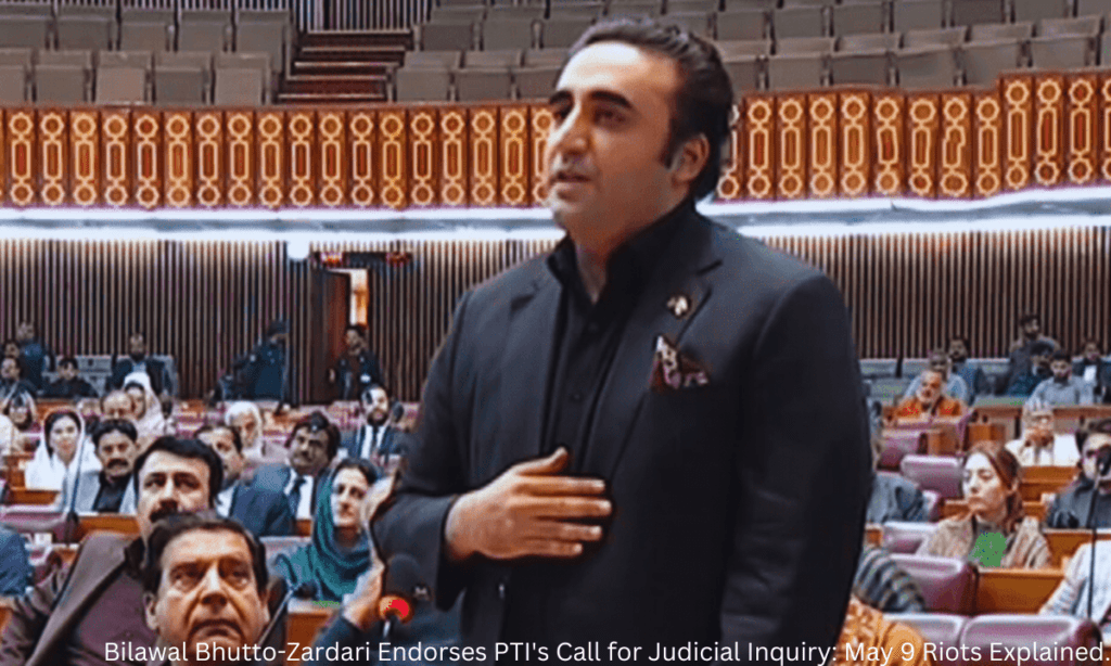 Bilawal Bhutto-Zardari delivering a speech in the National Assembly, endorsing PTI's call for a judicial inquiry into the May 9 riots. The text reads: 'Bilawal Bhutto-Zardari Endorses PTI's Call for Judicial Inquiry: May 9 Riots Explained.