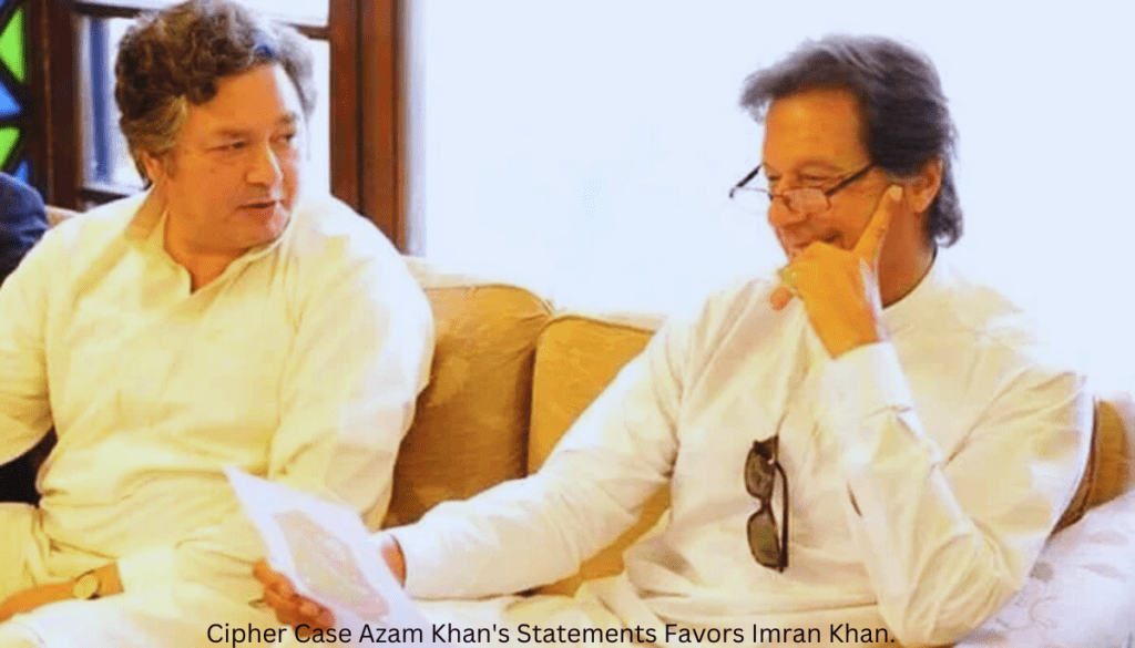 A scene capturing the essence of the Cipher Case, featuring Azam Khan making statements that align with Imran Khan's perspective. The two figures engage in dialogue, emphasizing Khan's assertion of Azam Khan's innocence in connection to the cipher on the paper displayed during the jalsa. The image conveys a sense of legal proceedings and supports the notion that Azam Khan's statements are in favor of Imran Khan's stance on the matter.