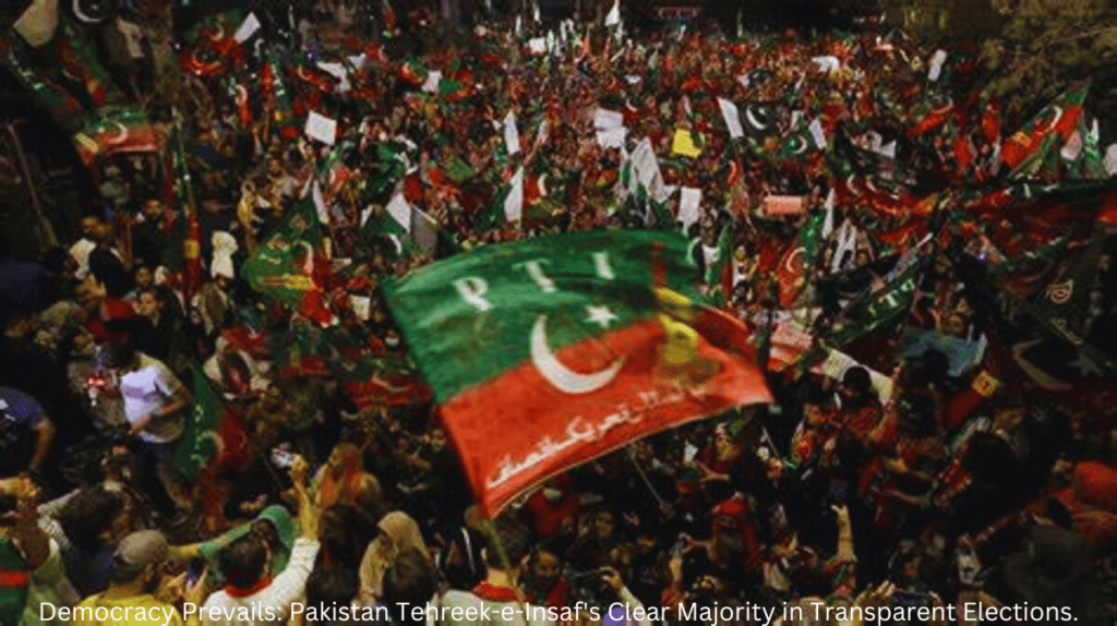 A diverse group of people celebrating with Pakistan Tehreek-e-Insaf flags, indicating the party's clear majority in transparent elections. Smiles and raised fists convey excitement and unity in democratic victory.