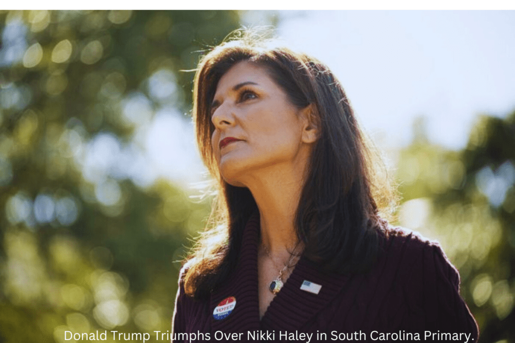 Nikki Haley standing solemnly on a stage with a subdued crowd behind her, while Donald Trump celebrates with supporters in the foreground, holding up a victory sign, indicating his domination in the South Carolina Primary.