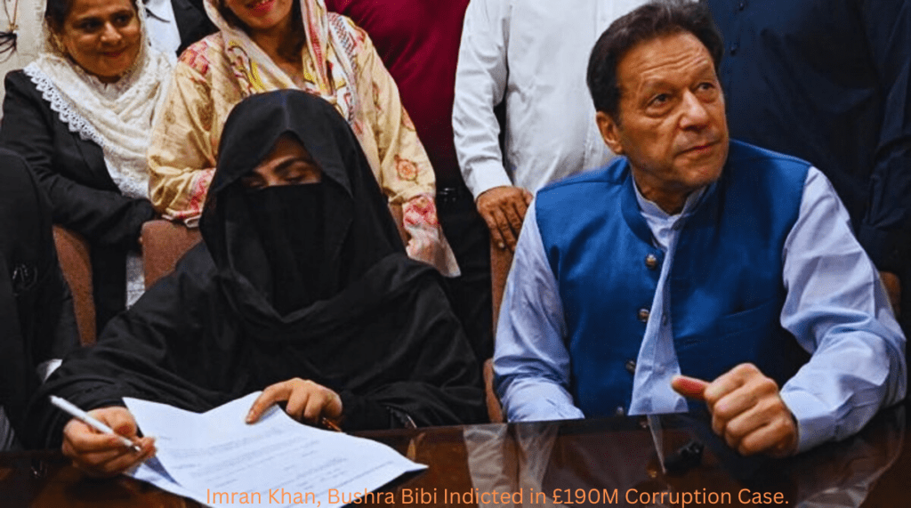 Former Prime Minister Imran Khan and his wife Bushra Bibi sitting together in the Islamabad High Court (IHC) during legal proceedings related to their indictment in the £190 million corruption case.