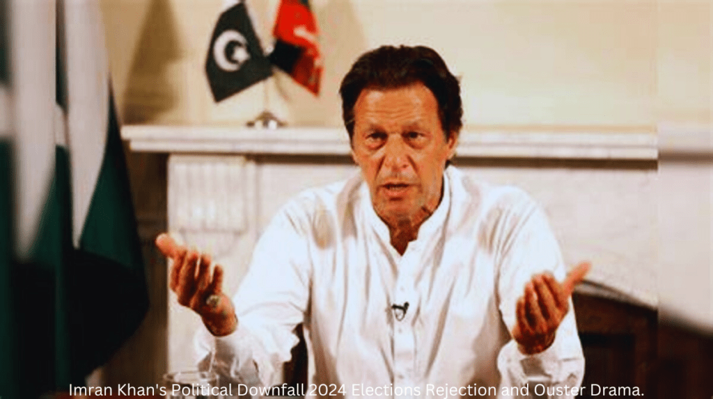 Imran Khan in a political setting, facing challenges and controversies leading to his downfall. The image captures the atmosphere of the 2024 elections rejection and the dramatic ouster from the prime ministerial position.