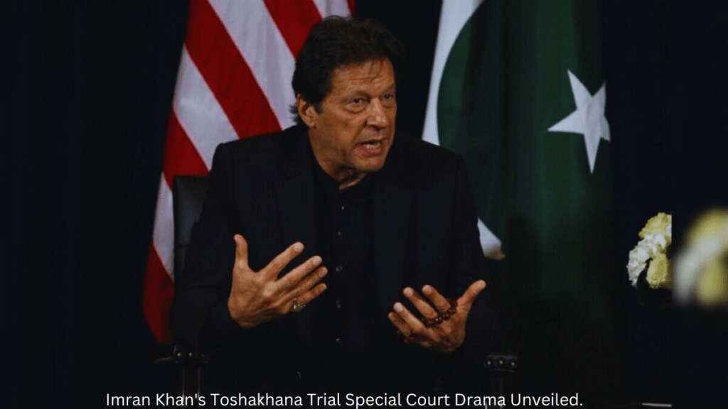 Courtroom scene with Imran Khan's Toshakhana trial in the Special Court, showcasing the drama and legal proceedings.