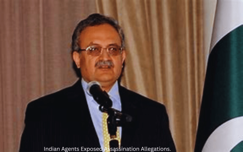 A person in a suit, holding a dossier with the title 'Indian Agents Exposed: Assassination Allegations'. The image suggests a revelation or expose regarding alleged Indian involvement in assassination attempts.