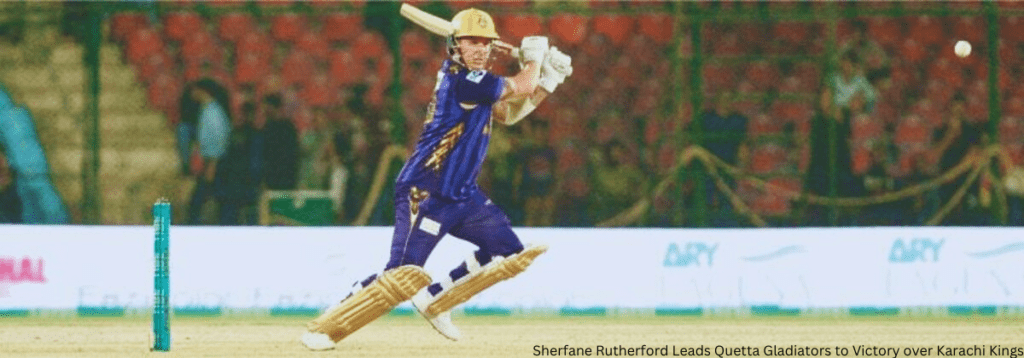 Cricket match moment captured as Sherfane Rutherford celebrates, leading Quetta Gladiators to victory over Karachi Kings with a remarkable performance.