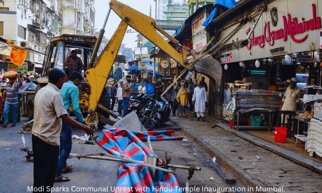 Prime Minister Narendra Modi at the inauguration of a Hindu temple in Mumbai, sparking communal tensions. The image captures the aftermath of clashes and the controversial events surrounding the temple inauguration.