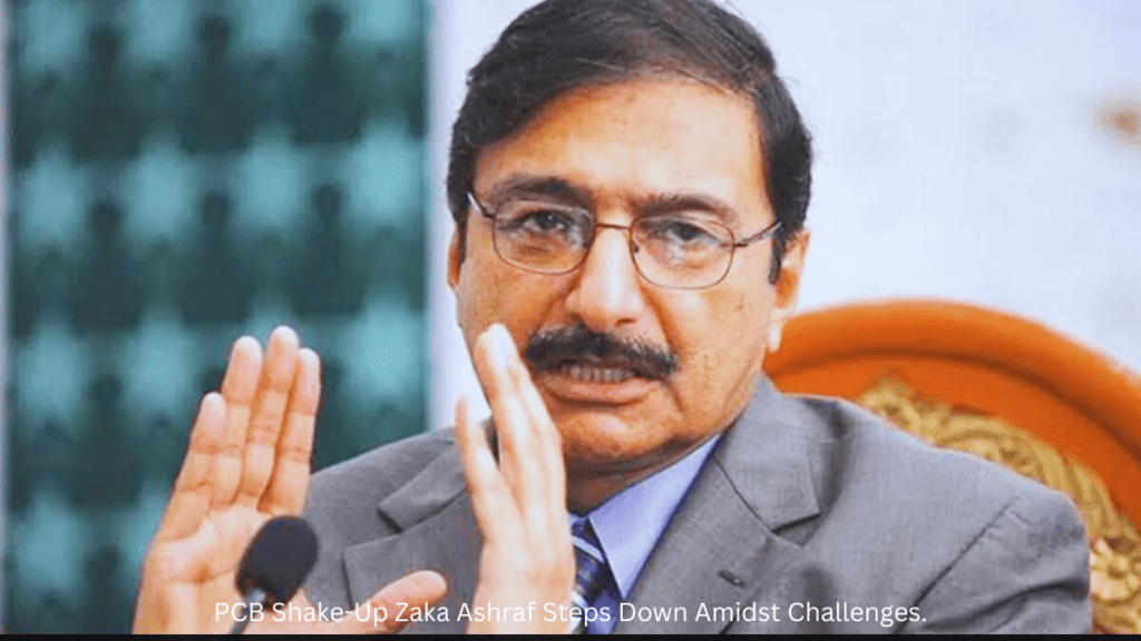 Zaka Ashraf's resignation announcement, capturing the moment of significant change and leadership transition within the Pakistan Cricket Board amid various challenges.