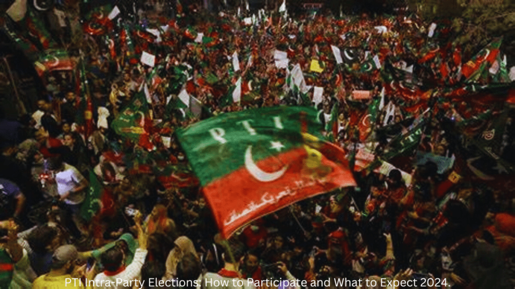 PTI Intra-Party Elections promotional banner featuring PTI logo and text 'How to Participate and What to Expect 2024', encouraging engagement and transparency within the party's democratic processes.