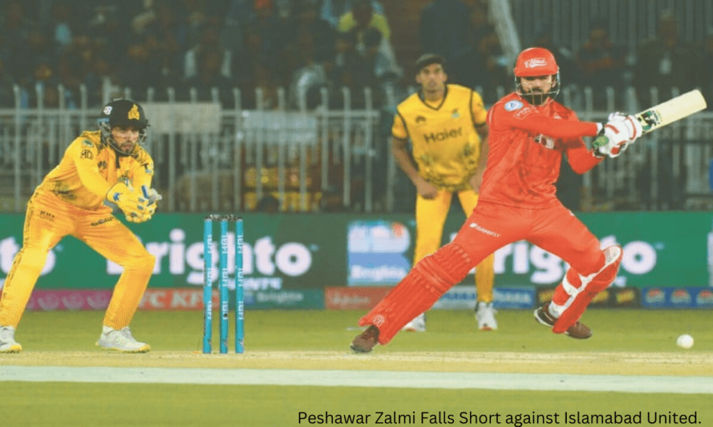 A cricket match moment capturing Peshawar Zalmi's attempt falling short against Islamabad United in a gripping encounter during the HBL Pakistan Super League at the Pindi Cricket Stadium.