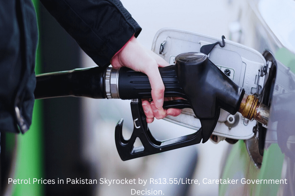 showing a graph with an upward trend, representing the skyrocketing petrol prices in Pakistan by Rs13.55 per litre, following the decision by the caretaker government.
