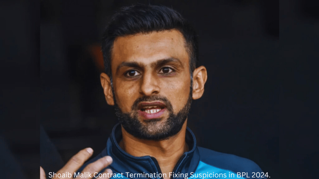 Shoaib Malik, cricketer, in action during a Bangladesh Premier League (BPL) match. The image captures the moment of contract termination by Fortune Barishal, highlighting fixing suspicions in the BPL 2024 tournament.