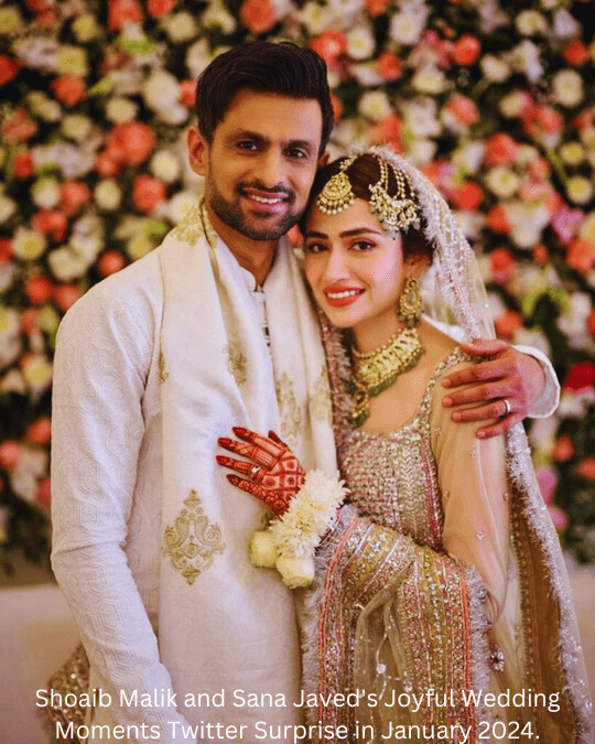 Shoaib Malik and Sana Javed share joyful wedding moments, unveiling their love story on Twitter in January 2024.