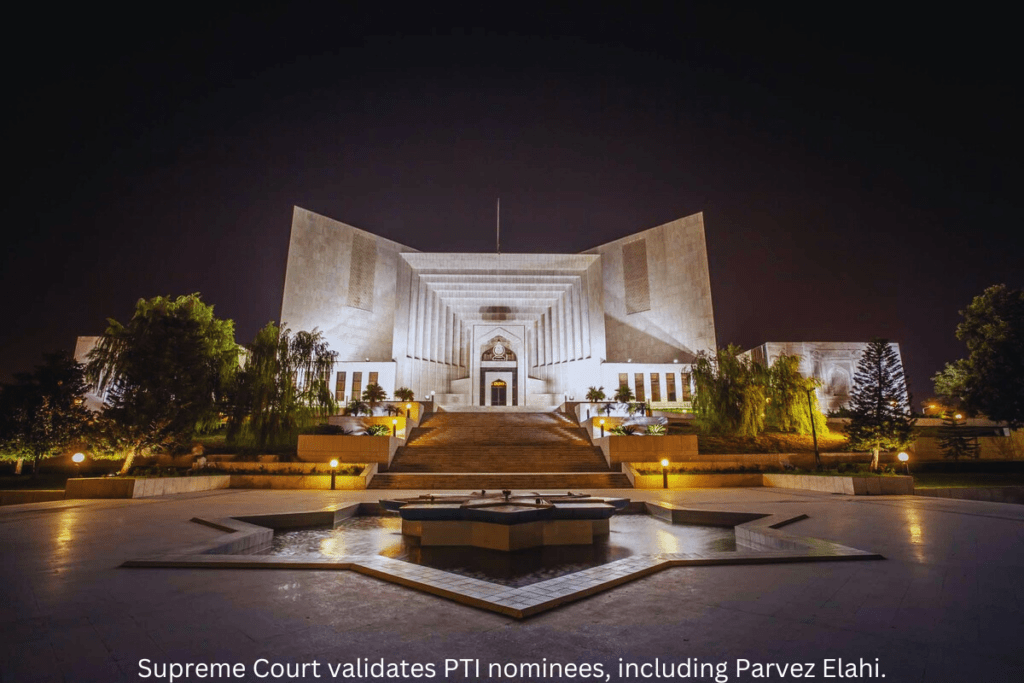 Supreme Court judges in a courtroom, validating PTI nominees, including Parvez Elahi, for upcoming general elections. Legal proceedings and discussions in session.