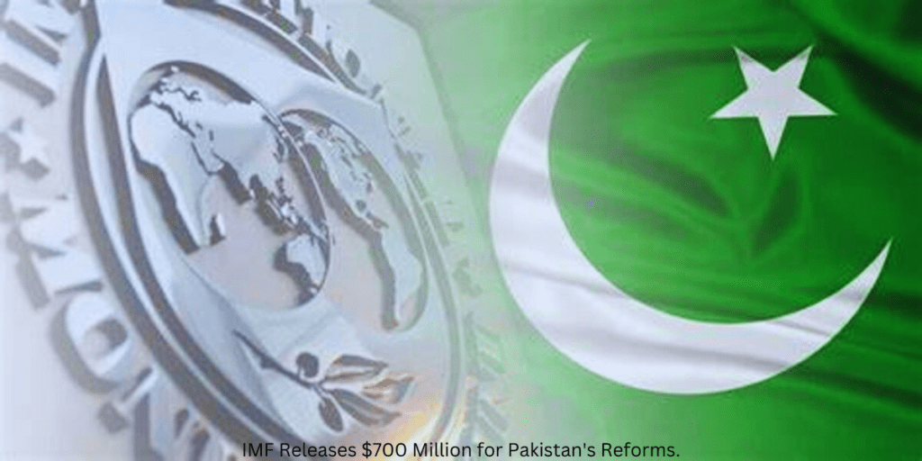 International Monetary Fund (IMF) logo against a backdrop of currency notes symbolizing the release of $700 million in financial support for Pakistan's economic reforms.