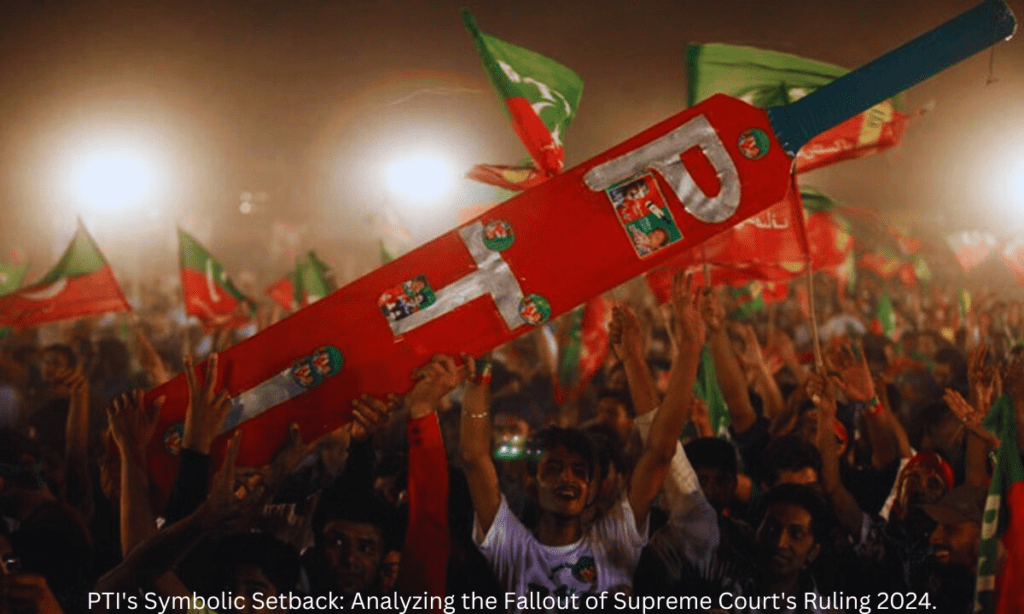 PTI's members standing with scattered electoral symbols after the loss of the iconic bat, symbolizing the party's resilience and determination in the face of a significant setback in the upcoming elections.